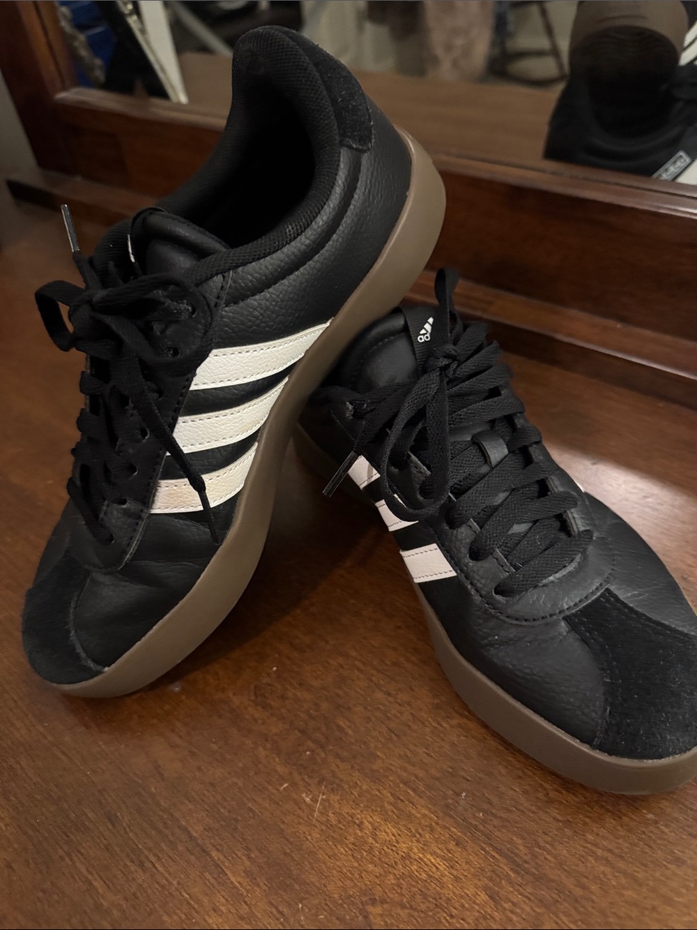 adidas Women’s Black Sneakers with White Stripes and Tan Outsole